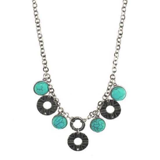 Picture of Alexa Starr  JHN9370-Turq Turquoise and Silvertone Round Charm Necklace